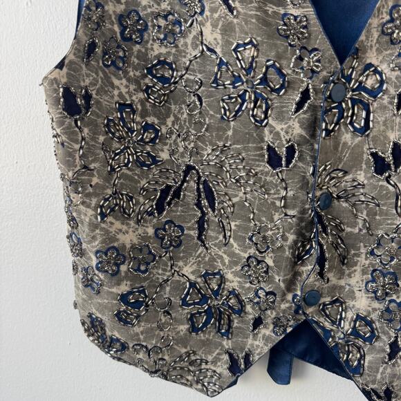 Vintage Hand Beaded Floral Silver and Blue Button Vest - Picture 3 of 7